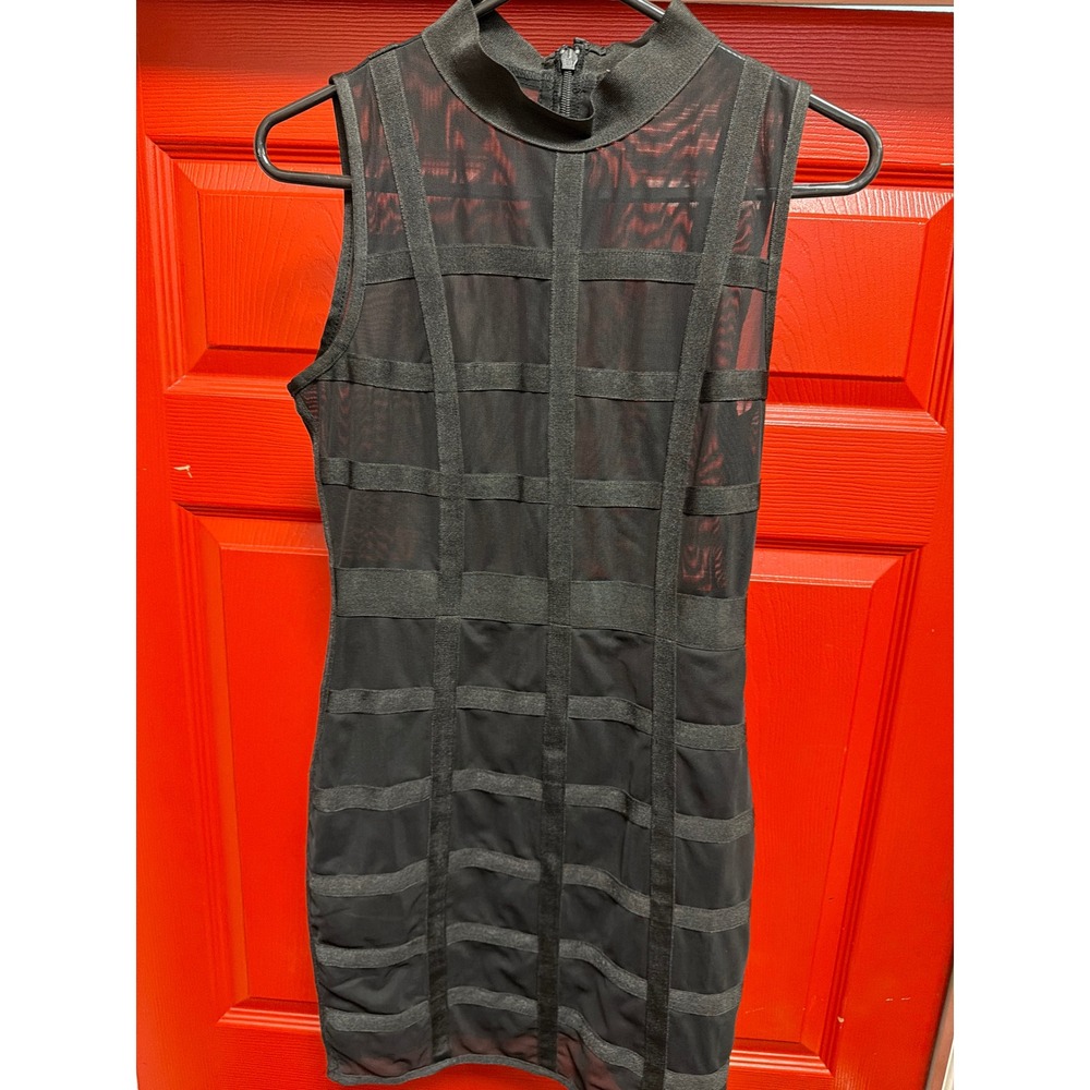 U.Peach Black Sheer Mesh Cage Bodycon Mini Dress Mock Neck Size M Sleeveless